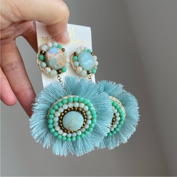 Neiman Marcus Statement Fran Drop Fringe Round Stone Bead Green Teal blue NWT - Picture 5 of 15